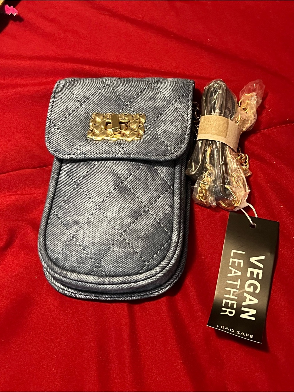 Quilted Denim-Blue Vegan Leather Mini Crossbody Bag with Gold Chain